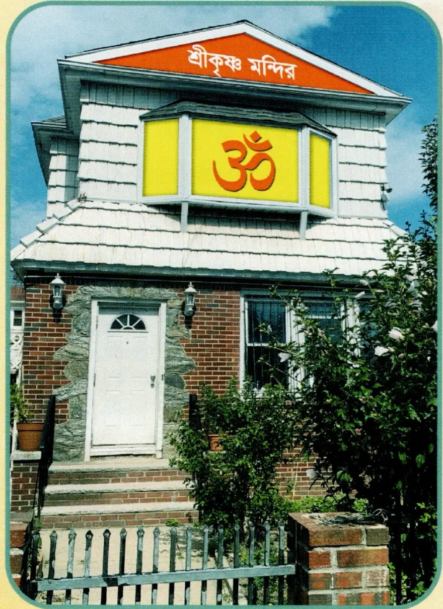 The SriKrishna Mandir building in Jamaica, Queens, with the Om symbol on its facade